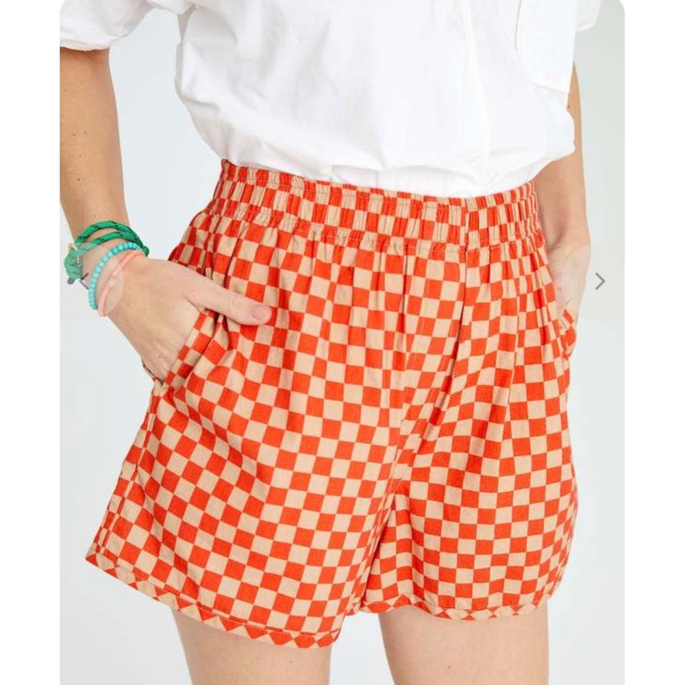 Clare V St. Martin Poppy Khaki Checkered Elastic Waist Shorts Womens Medium